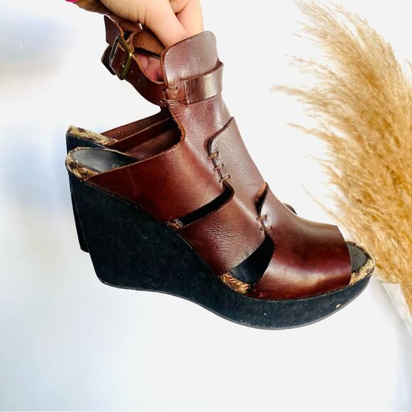 FP FREE PEOPLE Burgundy Brown Leather Vachetta Rose Wedge Sandals Tan Rope 8.5 - Picture 8 of 16